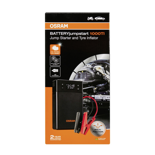 'OSRAM BATTERYjumpstart 1000TI' Verpackung mit Abbildung eines Jumpstarters, Kabeln und Auto. Text: 'Jump Starter and Tyre Inflator'.